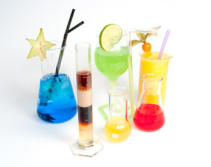 extravagant, colorful beverages in fancy glasses