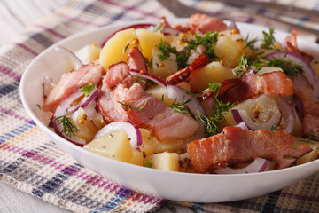 Salad with bacon, potatoes and onions in a bowl. horizontal
