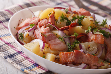 Tasty potato salad with bacon and herbs close up. horizontal
