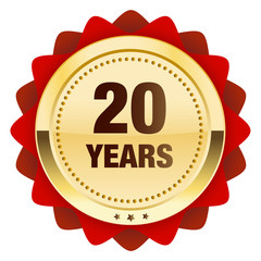 20 years seal or icon. Glossy golden seal or button with stars and red color.