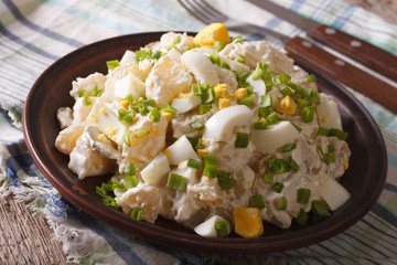 Salad of potatoes, eggs, green onions and mayonnaise closeup. horizontal
