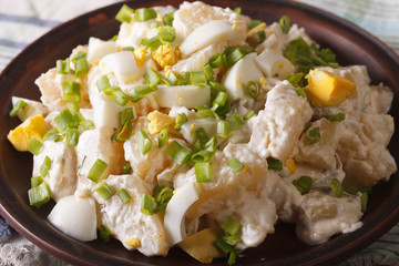 Potato salad with chives and egg close-up on a plate. horizontal
