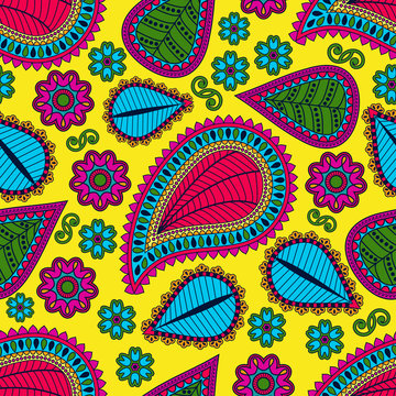 Seamless pattern in gypsy style.  Ethnic ornament with flowers and paisleys.