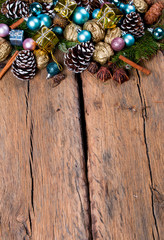 Christmas decoration, balls on dark wooden background 