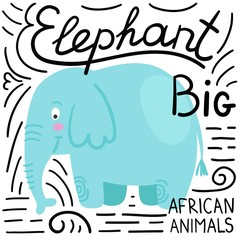 Elephant blue with lettering on a white background isolated