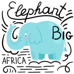 Elephant blue with lettering on a white background isolated