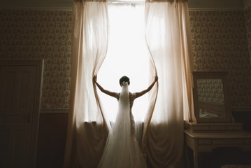 gorgeous happy luxury stylish brunette bride near a window on th