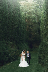 gorgeous elegant luxury bride and stylish groom running and havi