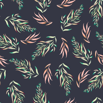 A seamless floral pattern with the green, brown and pink watercolor plants, seaweeds painted on a black background