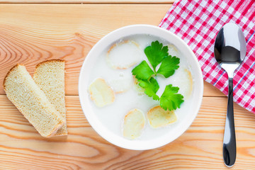 dish of creamy soup served on table