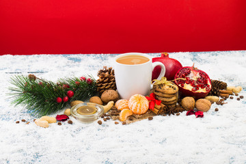 Obraz na płótnie Canvas Christmas holiday background with coffee cup