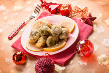 fried brussel sprout over christmas table
