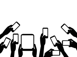 People hands holding mobile phones background