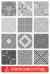 Set of Universal different geometric seamless patterns, monochro