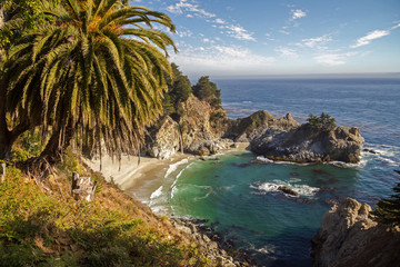 View on bay with waterfall at Big Sur, California