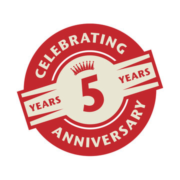 Stamp or label with the text Celebrating 5 years anniversary