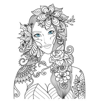 Forest fairy with beautiful flowers for coloring book for adult