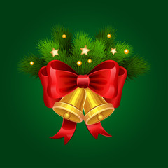 Christmas golden bells with red bow and fir branches. 