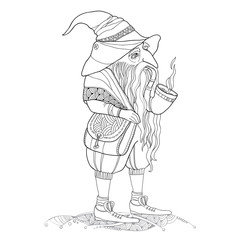 Mythological Gnome or Dwarf with tobacco pipe and a bag through a shoulder isolated on white background. The series of mythological creatures