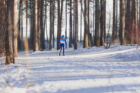 Cross-country skiers in sport clothers in the forest