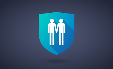 Long shadow shield icon with a gay couple pictogram