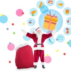 Composite image of happy santa with sack of gifts