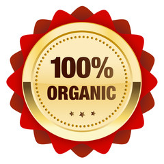 100% organic guaranteed seal or icon. Glossy golden seal or button with stars and red color.