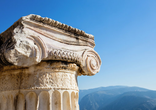 capital of Ionian order column in Ancient Delphi, Greece, Europe