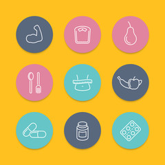 Diet, nutrition, fat loss round flat icons, vector illustration