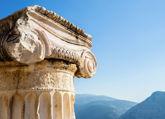 capital of Ionian order column in Ancient Delphi, Greece, Europe