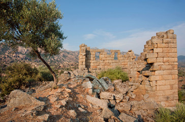 Abandoned house with broken walls of  on the hill with olive trees