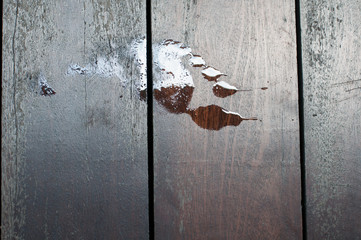 Footprint with water on wood