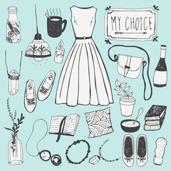 Hand drawn doodle sketch fashion blog vintage illustration.