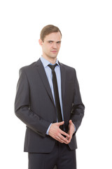 body language. man in business suit isolated white background. gestures of arms and hands. spire...