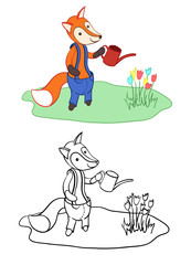 Cute fox watering flowers. For colouring.