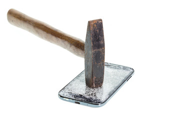 Hammer and broken smart phone isolated on white background
