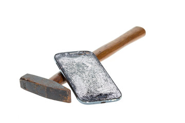 Hammer and broken smart phone isolated on white background