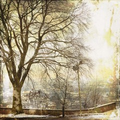 View from above of snow-covered city. With bare trees and old street lamp.