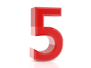 3d red number 5 on white background