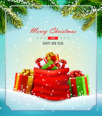 Christmas greeting card with sack full of gift boxes.