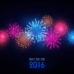 Colorful fireworks on black background. New Year greeting card.