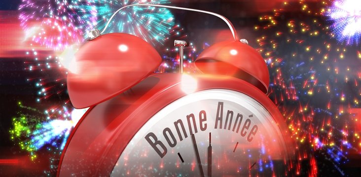 Composite image of bonne annee in red alarm clock