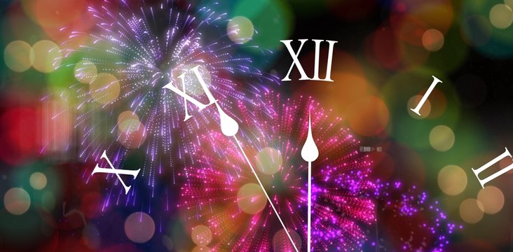 Composite image of clock counting down to midnight