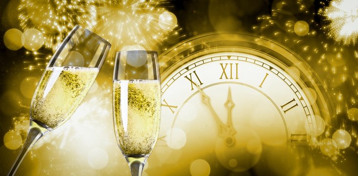 Composite image of champagne glasses clinking