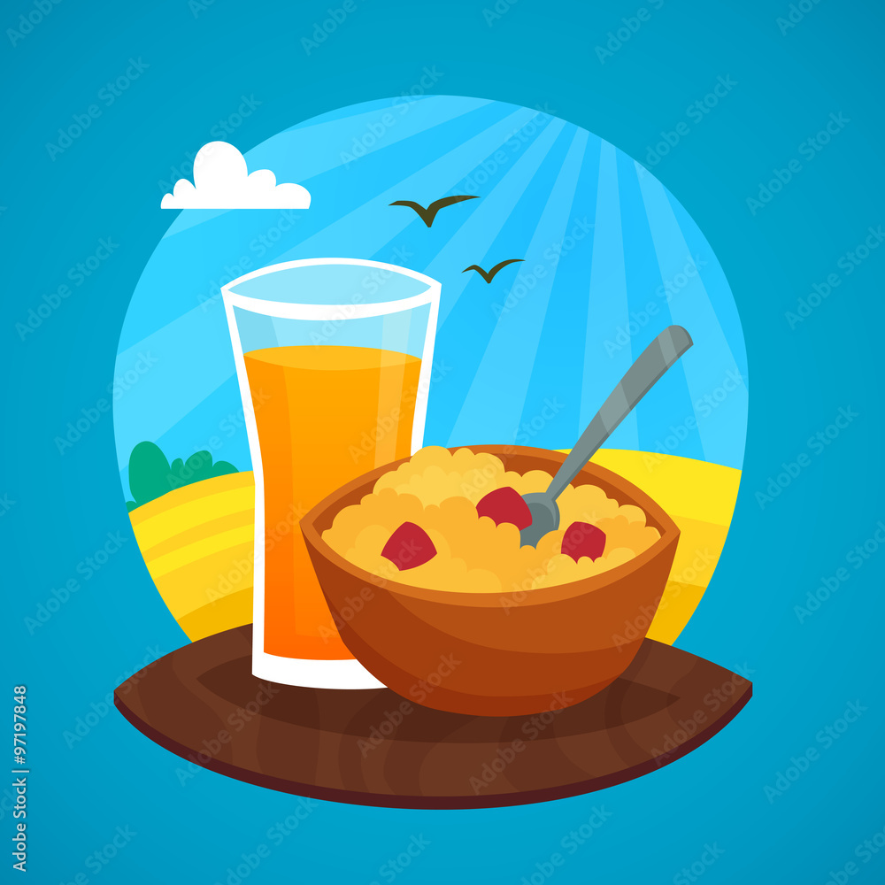 Sticker Breakfast Design Concept At Rural Landscape Background 