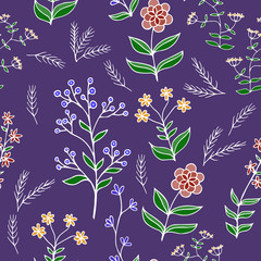 Beautiful flower set vector seamless pattern with blue background. 