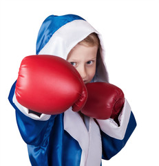 Little boxing boy portrait on white