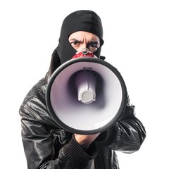 Robber shouting by megaphone