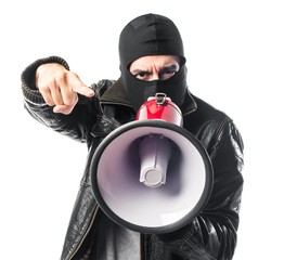Robber shouting by megaphone