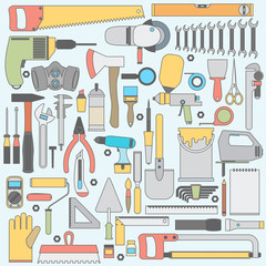 Repair and construction illustration with working tools icons.